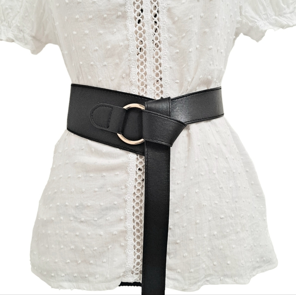 Black Wide Waist Belt with Gold Ring Accent